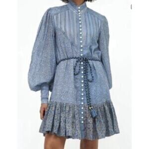 Oliphant Boho Romantic Fit & Flare XS Blue Floral Gold Print Belted Dress